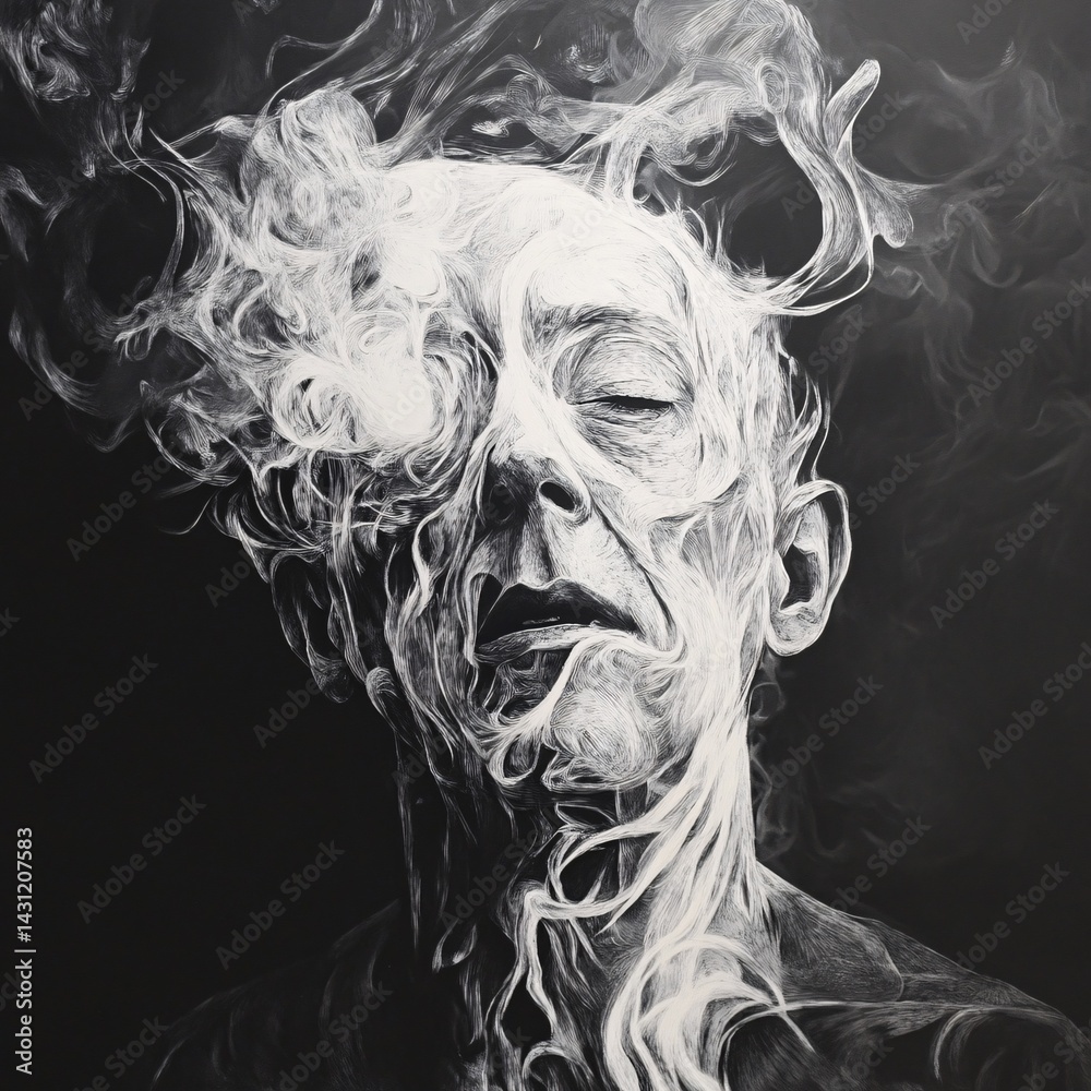 Fototapeta premium Mysterious Figure Hidden Behind Flowing Smoke in Symbolic Representation