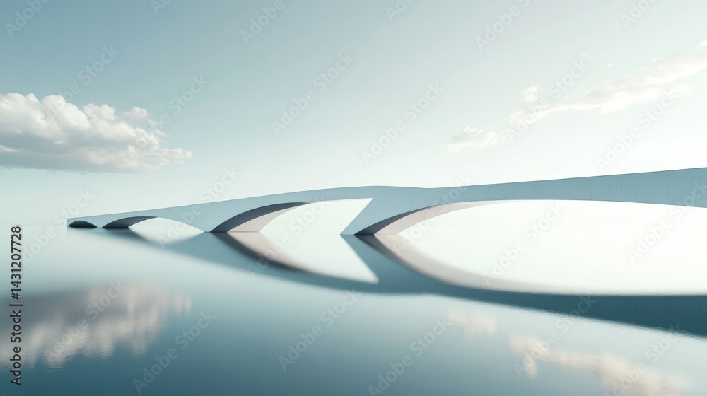 Minimalist white bridge over calm water, serene landscape