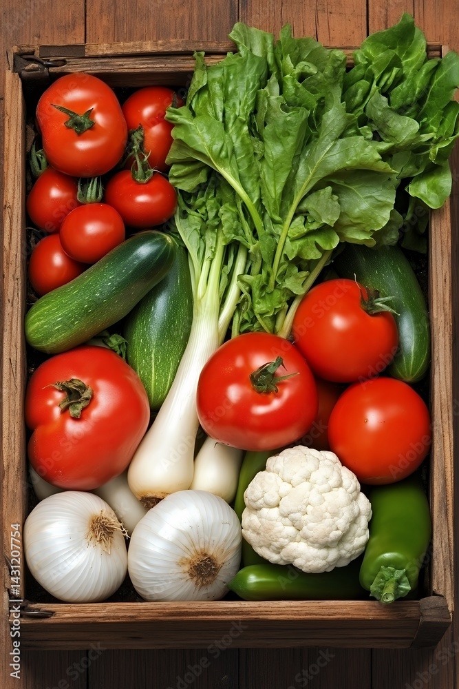 Fresh Vegetables in Rustic Wooden Crate