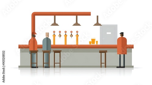 Minimalist Illustration of Modern Bar Scene with Three Patrons and Stylish Beer Taps