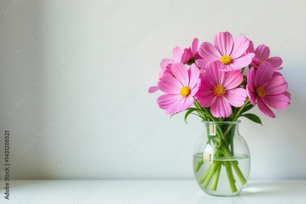 Fototapeta premium Pink cosmos bouquet in glass vase on white shelf Summer floral home decor , glass, wooden shelf, nature