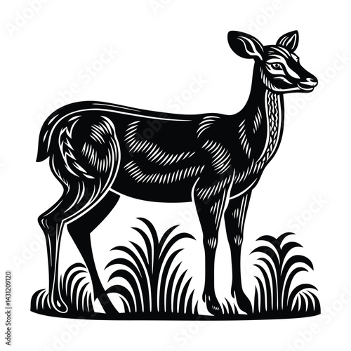 A cute black vector illustration features a silhouette  wild deer, a mammal from nature