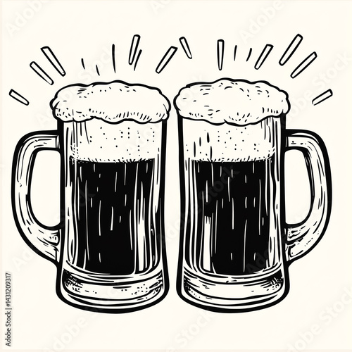 Two frosty beer mugs clink together, celebrating friendship and good times with foamy tops and refreshing beverages.