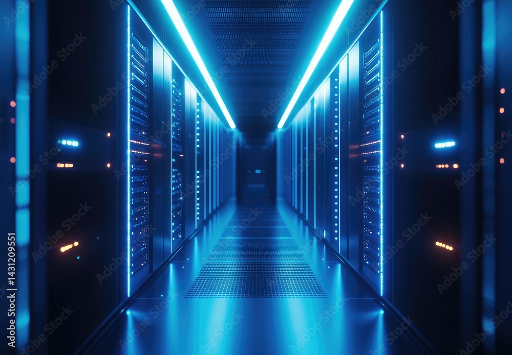 Fototapeta premium Brightly lit data center corridor lined with glowing server racks, ideal for representing cloud services, digital transformation, and modern IT infrastructure environments