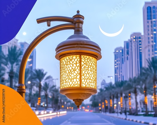 A street lamp with a crescent moon in the sky, surrounded by palm trees and skyscrapers