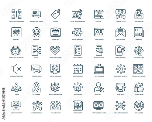 collection online activities social media interactions user connections linear icons