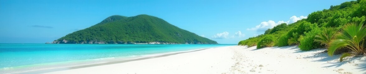 Crédence de cuisine  White sand beach curves gently towards a lush green hill, clear blue sky above , tropical, paradise  © Duangjai