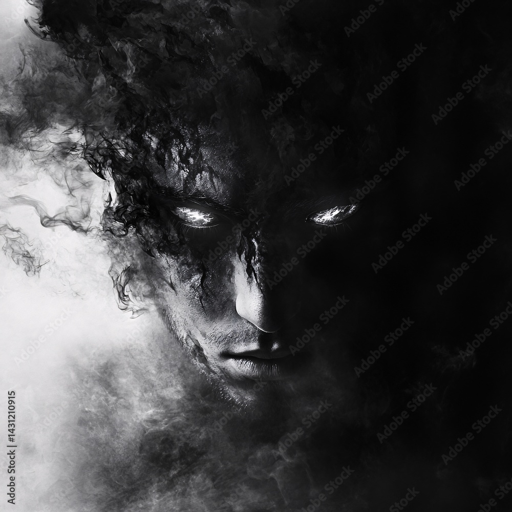 Obraz premium Portrait of Hades with Shadowy Eyes and Ghostly Smoke Aura