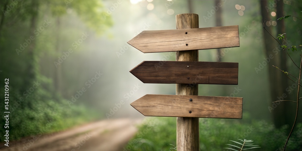 Naklejka premium This wooden signpost with three arrows on a tranquil forest pathway symbolizes direction and choices. The blurred background enhances the natural, peaceful vibe, ideal for outdoor and nature themes