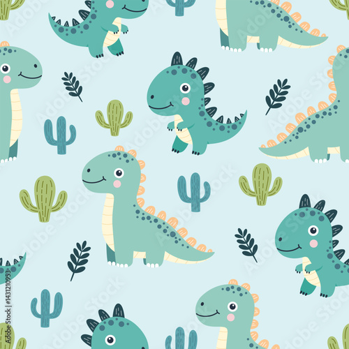 Simple flat cartoon dinosaur on pattern seamless background