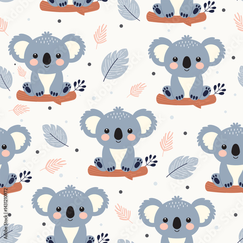 Simple flat cartoon koala on pattern seamless background.