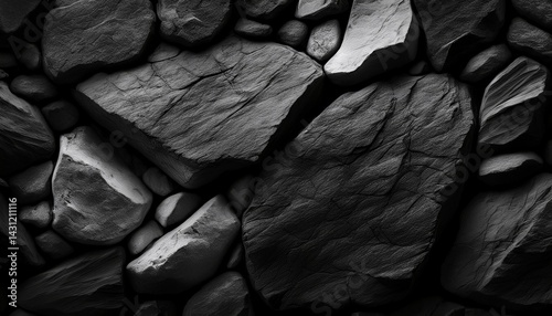 black white rock texture rough mountain surface close up volumetric stone background with space for design dark gray grunge backdrop