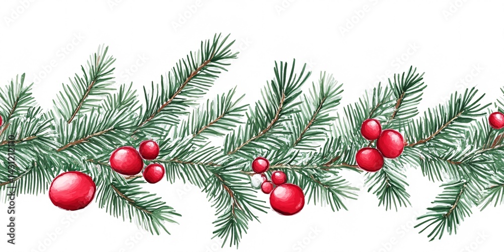 Seamless Vector Pattern of Christmas Pine Garland Against White Background Seamless Vector Pattern of Christmas Pine Garland Against White Background