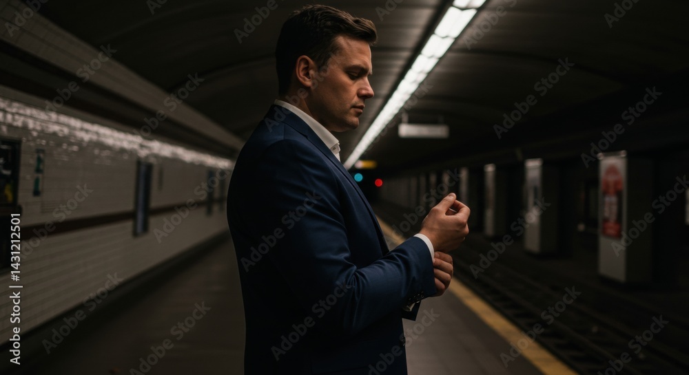 A well-dressed man checks his watch while waiting on a subway platform during a quiet evening - men with wide shoulders A well-dressed man checks his watch while waiting on a subway platform during a quiet evening - men with wide shoulders