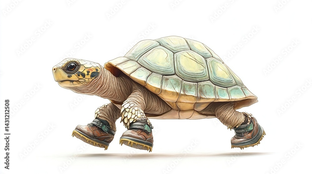 Obraz premium A tortoise wearing boots, running fast.