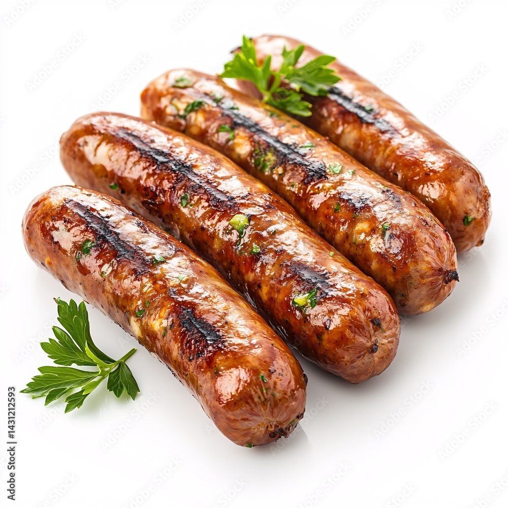 Sizzling Grilled Sausage Links Cooked to Perfection on White Background Sizzling Grilled Sausage Links Cooked to Perfection on White Background