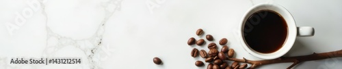 Simple coffee cup, branch, beans; marble background , aroma, beverage