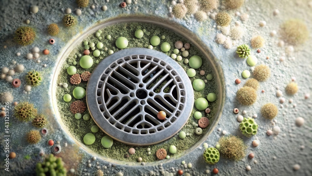 Fototapeta premium Microscopic Life Thriving Around a Drainage Grate A Detailed Close-Up Rendering of Organic Microbes and Structures