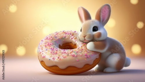 cute rabbit hug big doughnut cartoon