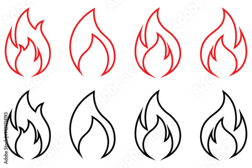 Fire icon set flame symbol outline collection for logo design or app icon vector illustration in minimal modern flat style.