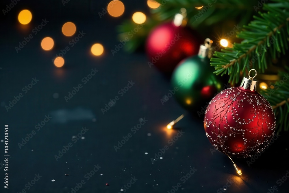 Sparkling Christmas balls & pine branches on black, Xmas banner design , glitter, pine Sparkling Christmas balls & pine branches on black, Xmas banner design , glitter, pine
