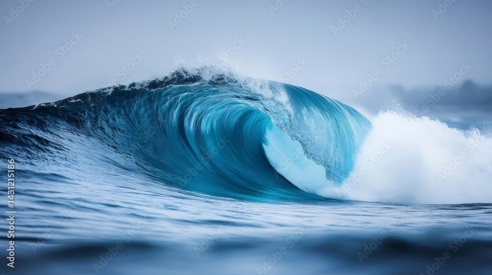 美しい青い波が海上で巻き上がり 水しぶきを上げ 空を背景に力強い自然の力 美しい青い波が海上で巻き上がり 水しぶきを上げ 空を背景に力強い自然の力