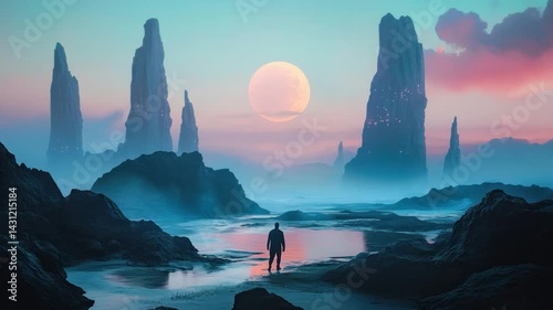 Solitary figure on alien beach at sunrise