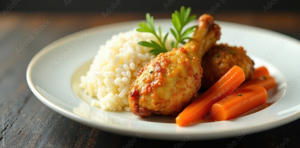 Crispy fried chicken, glazed carrots, and fluffy rice on elegant white dish, menu, simple Crispy fried chicken, glazed carrots, and fluffy rice on elegant white dish, menu, simple