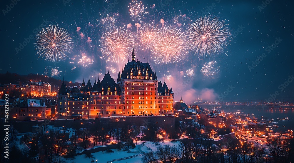 Obraz premium Festive fireworks over fairmont le chateau frontenac hotel quebec city at night