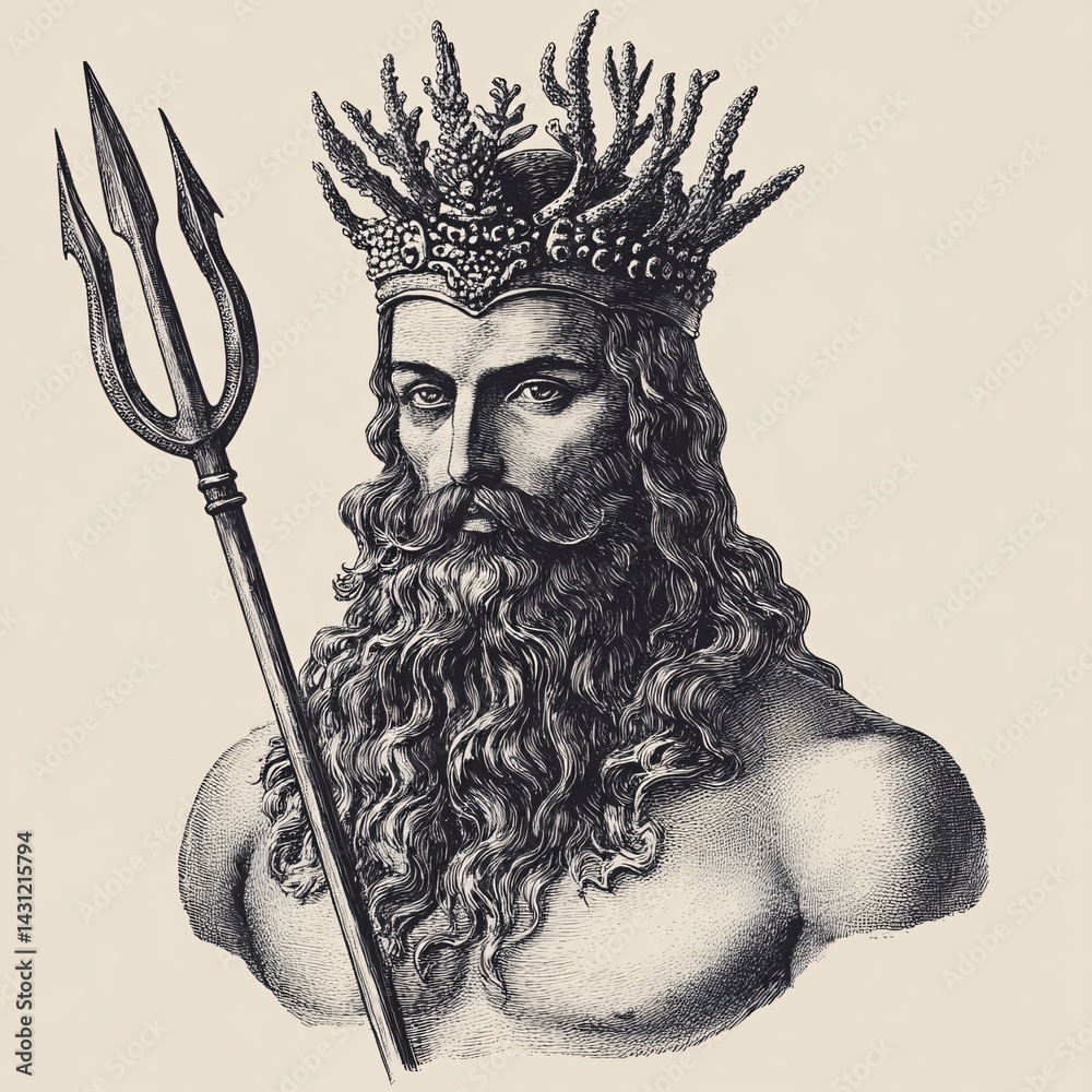 Obraz premium Upper Body Portrait of Poseidon with Seafoam Beard and Coral Crown