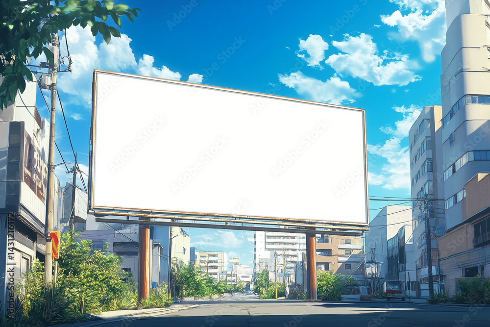 Fototapeta premium Large blank billboard on city street sunny day cityscape advertising space