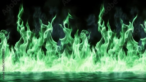 Green flames over water