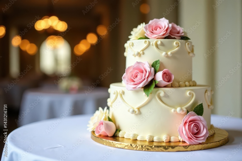 Two-tiered communion cake, intricate sugar flowers, pristine white tablecloth, event, sweet Two-tiered communion cake, intricate sugar flowers, pristine white tablecloth, event, sweet