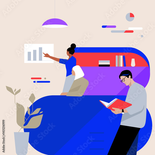 coworking space
team collaboration
office illustration
modern workplace
business meeting
flat design
minimalist vector art
corporate diversity
data presentation
creative workspace
reading at