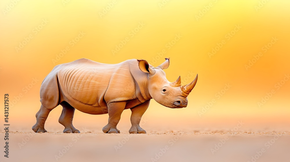 Fototapeta premium A white rhinoceros stands in a golden field at sunset