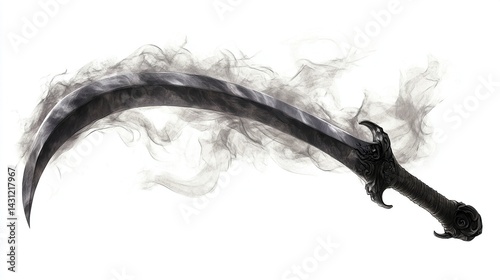 A mystical scimitar engulfed in dark smoke, isolated on white.