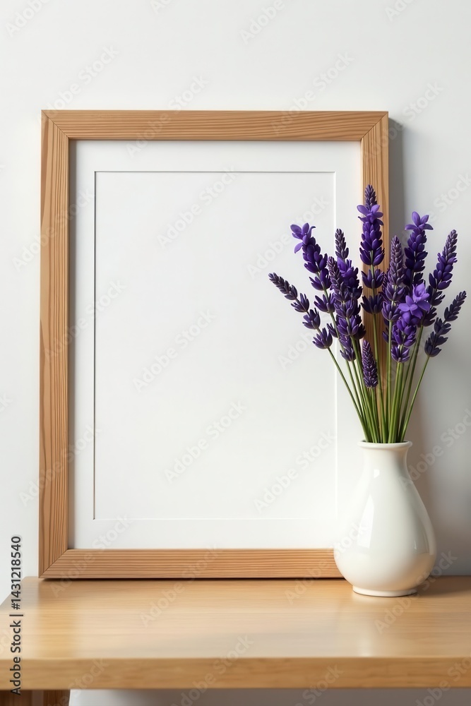 Wooden frame showcasing artwork, dried lavender in vase, minimalist setting, dry flower, interior design, home decor Wooden frame showcasing artwork, dried lavender in vase, minimalist setting, dry flower, interior design, home decor