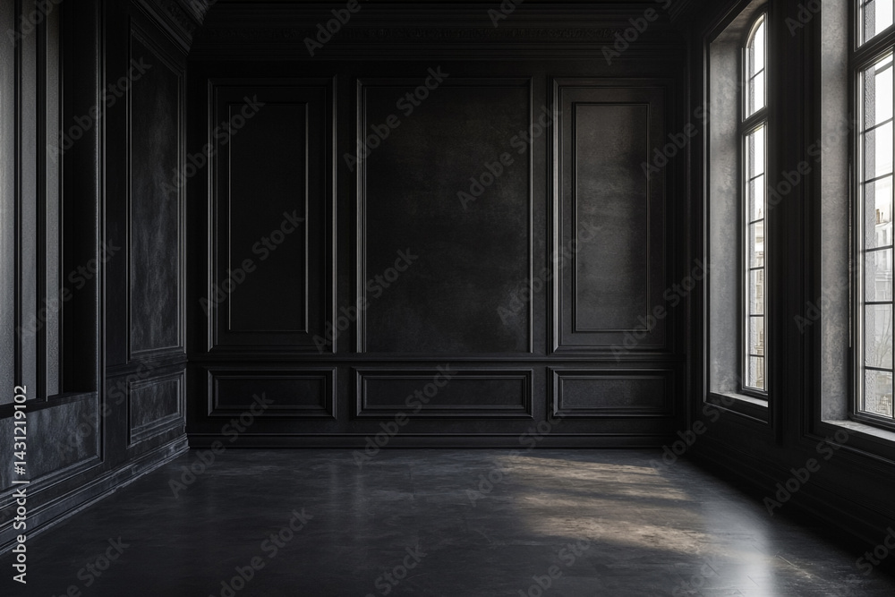 Fototapeta premium Dark room with paneled walls and large windows sunlight streams across floor
