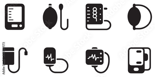 set of black various Blood Pressure Monitor Icon vector silhouettes