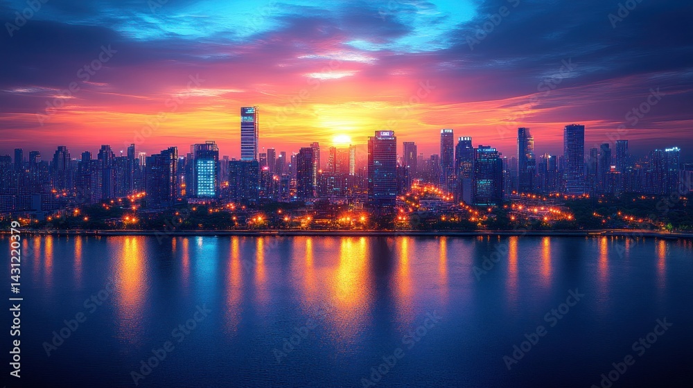 Fototapeta premium City skyline at sunrise over river