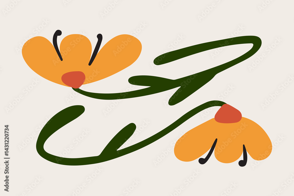 Naklejka premium Abstract hand drawn aesthetic flowers illustration. Botanical concept icons, perfect for postcards, wall art, banner, background etc. Cute doodle daisies 