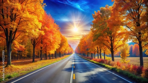 Autumnal Road Journey Sunlit Highway Lined with Vibrant Fall Foliage