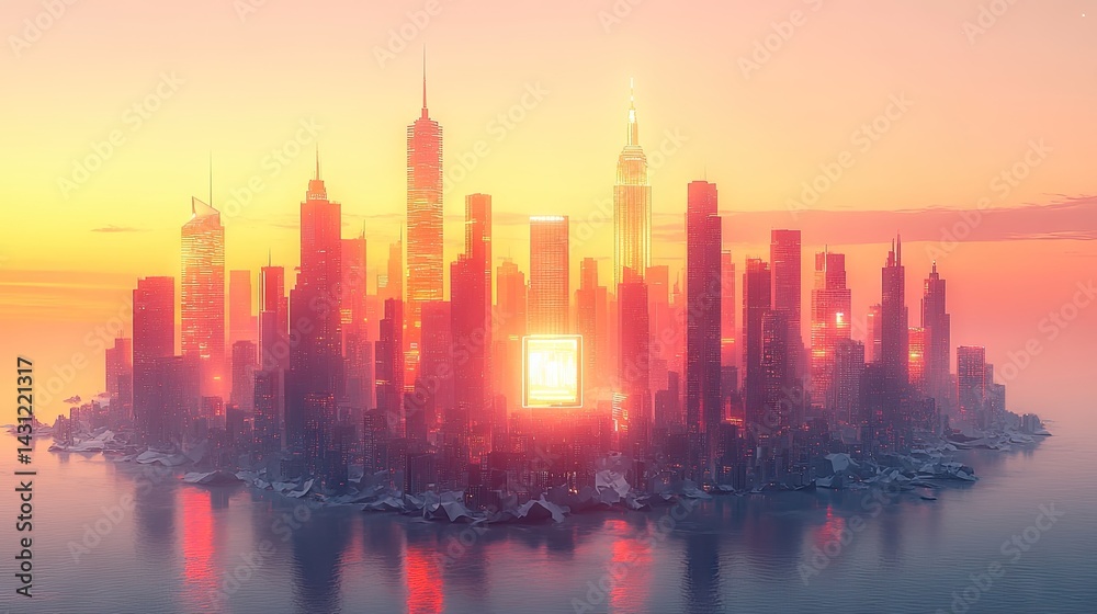 Fototapeta premium City skyline silhouette against a bright orange and yellow sunset over water.