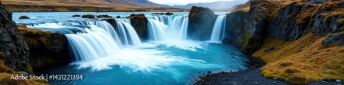 Icelandic Bruarfoss waterfall, vibrant blue water cascading over mossy rocks , waterfall, wild, glacier