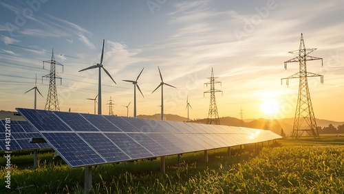 Solar panels and wind turbines in a field at sunset with power lines in the background