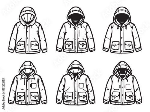 Anorak line art sketch of cozy parka for cold weather.