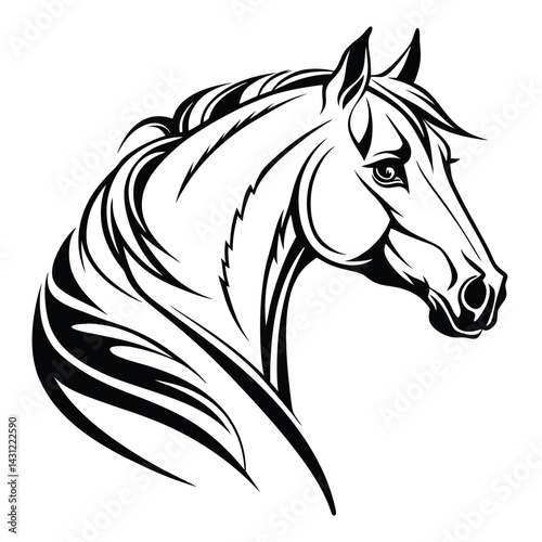 Black and white illustration horse head profile elegant equine portrait  flowing mane sharp details