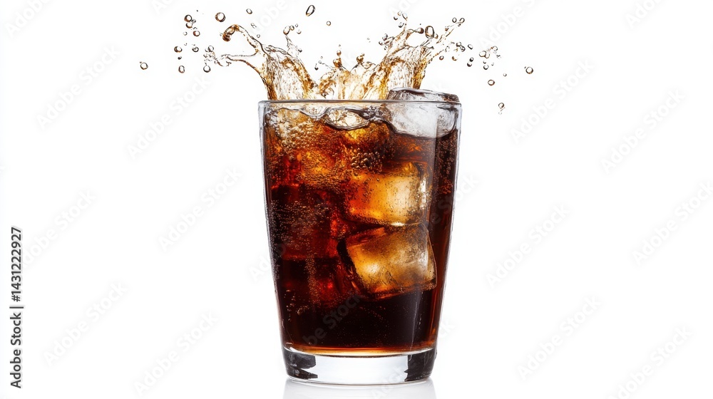 Refreshing cola drink with ice cubes splashing in a glass on a clean white background perfect for summer beverage ads and promotions Refreshing cola drink with ice cubes splashing in a glass on a clean white background perfect for summer beverage ads and promotions