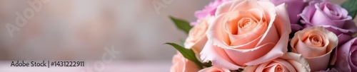 Luxury peach and lavender rose bridal bouquet Soft focus , blossom, wedding details