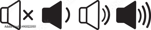 Set of no sound, No speaker icon. Sound off and sound on icon. Black volume sound icons,